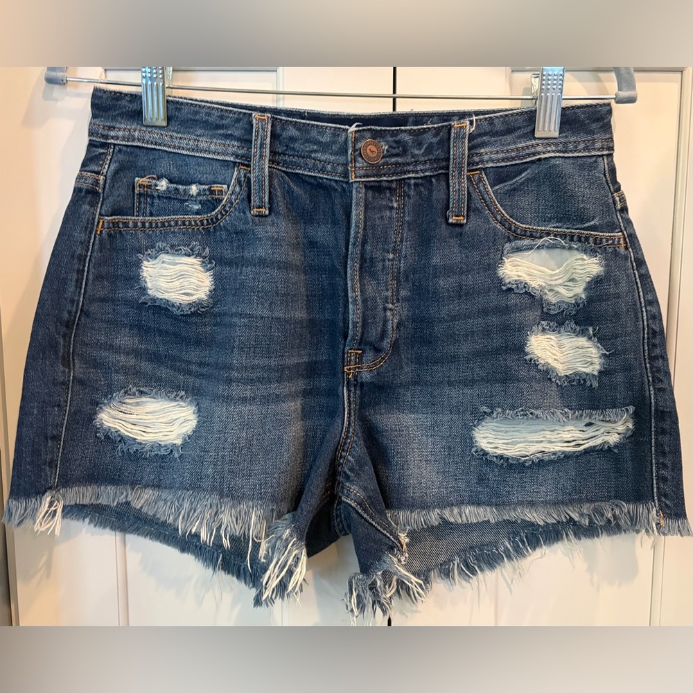 Hollister High Rise Ripped Denim Mom Shorts with frayed 3” inseam